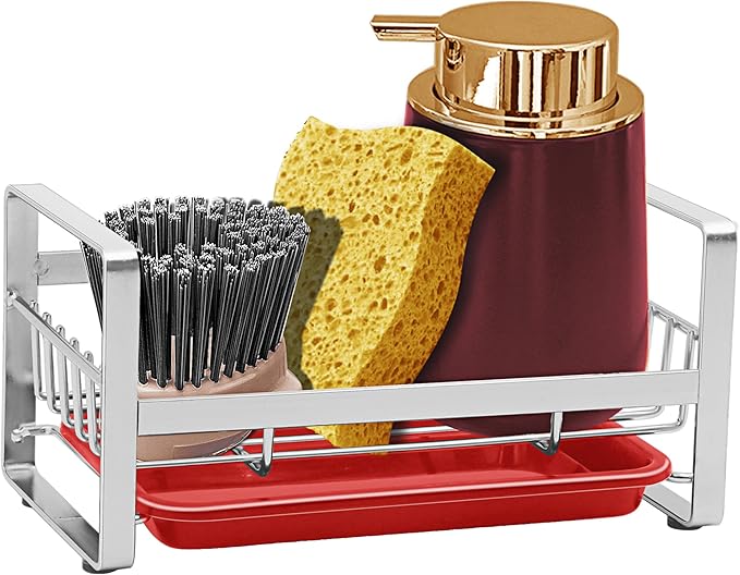 2 Pack Kitchen Sponge Holder - Kitchen Sink Organizer - Sink Caddy - Sink Tray - Soap Holder - Stainless Steel,Silver+Red 2PCS