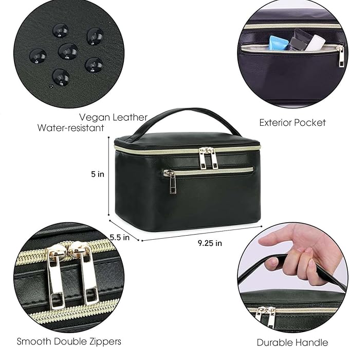 Wandering Nature Makeup Bag, Travel Make Up Organizer Cosmetic Brush Bags Case for Women in Vegan Leather, Black, Patent Pending
