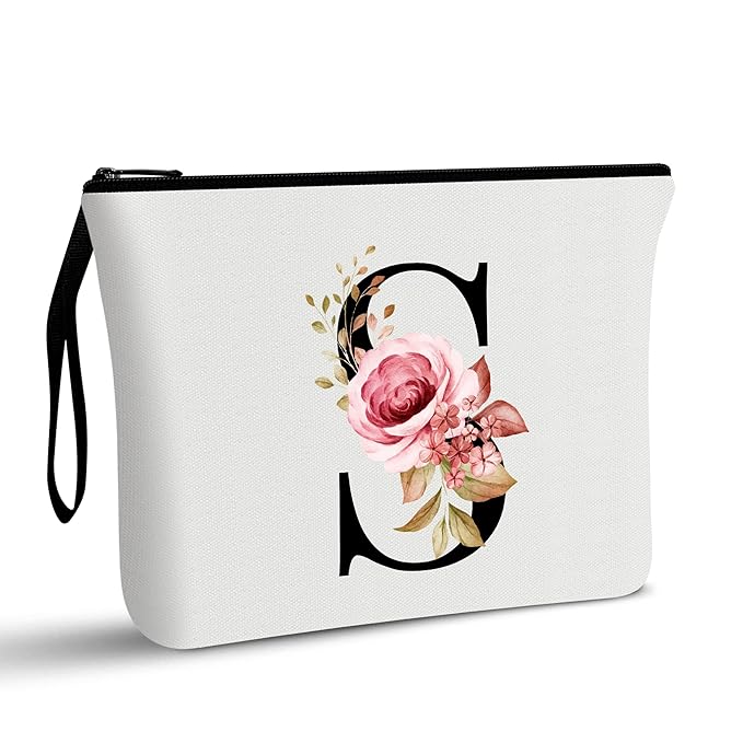 Vavabox A-Z Personalized Makeup Bag, Birthday Gifts for Women Mom, Gifts for Best Friend, Bride Bridesmaid Cosmetic bag (S, White)