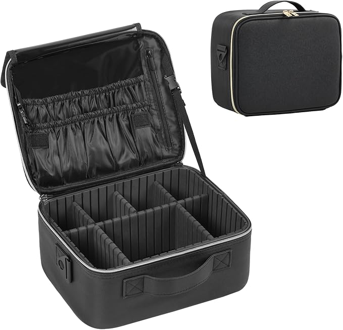 Makeup Travel Case, 12 Inch Makeup Organizer Bag with Compartment and Dividers, Portable Cosmetic Bag for Women with Brush Storage Sturdy Dual Zip Closure, Waterproof, Durable, Gift for Her, Black