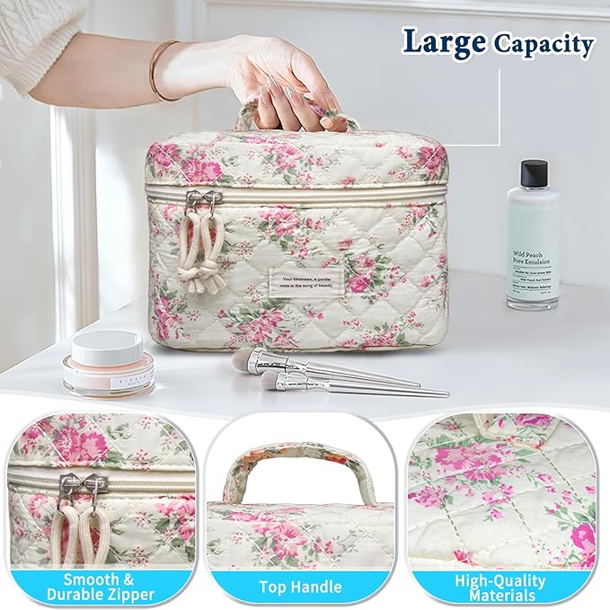 VIWIME Makeup Cosmetic Bag, Large Cotton Quilted Travel Coquette Aesthetic Cute Floral Make up Bag for Women Toiletry Bag Organizer (207- Pink Flower)