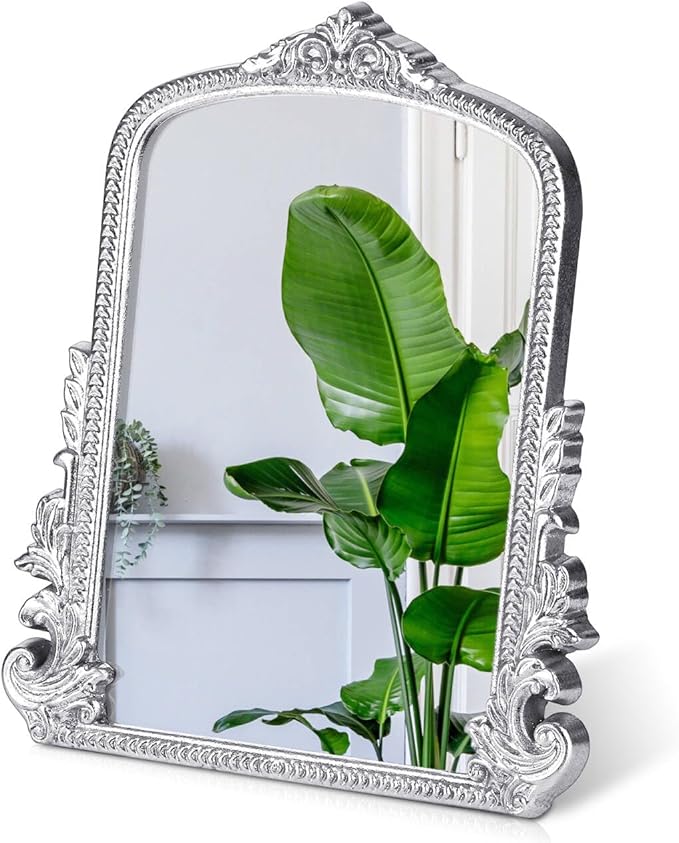Vintage Makeup Mirror, Vanity Desk Mirror Antique Traditional Tabletop Mirrors, Standing, Hang or Wall Mounted, Adjustable Dress-up Mirrors, Silver Decor for Living Room,Bedroom