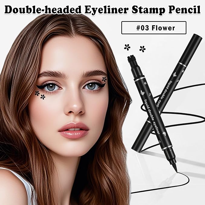 Double-headed Eyeliner Stamp Pencil Black Liquid Winged Eyeliner Stamp Pen Waterproof Smudgeproof Eye Liner Stamp for Eye Makeup(03 Flower)