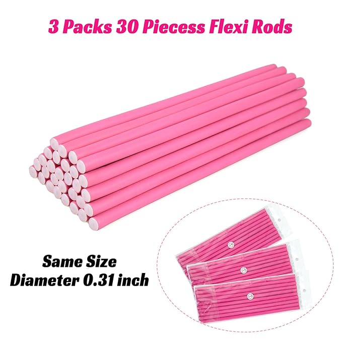 Royota Heatless Curling Rod, Soft Skinny Small Flexi Rod 9.45" 30 Pieces Flexible Twist Foam Tight Curl Hair Roller for Women Girls Long Short Hair (0.31" Diameter, Pink)