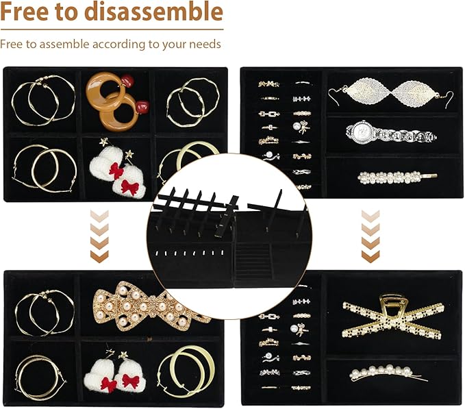Cirhy 4 Stackable Jewelry Trays Organizer Set for Drawer, Jewelry Organizers and Display Case Storage, Velvet Drawer Inserts Organizer for Necklace Bracelets Earrings Organizer, Gift For Her, Black