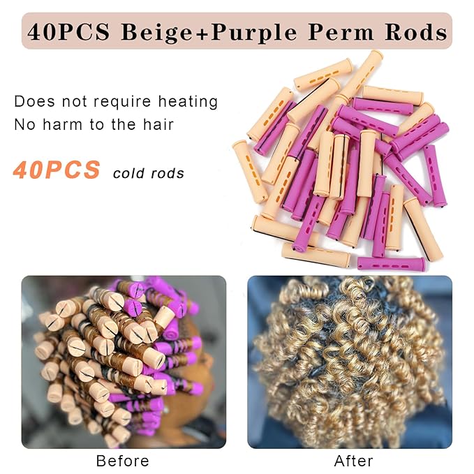 40PCS Hair Perm Rods Set For Short Hair,Beige Purple Perm Rods For Black Women Plastic Cold Wave Rods For Long Hair(40Pcs,Beige+Purple)