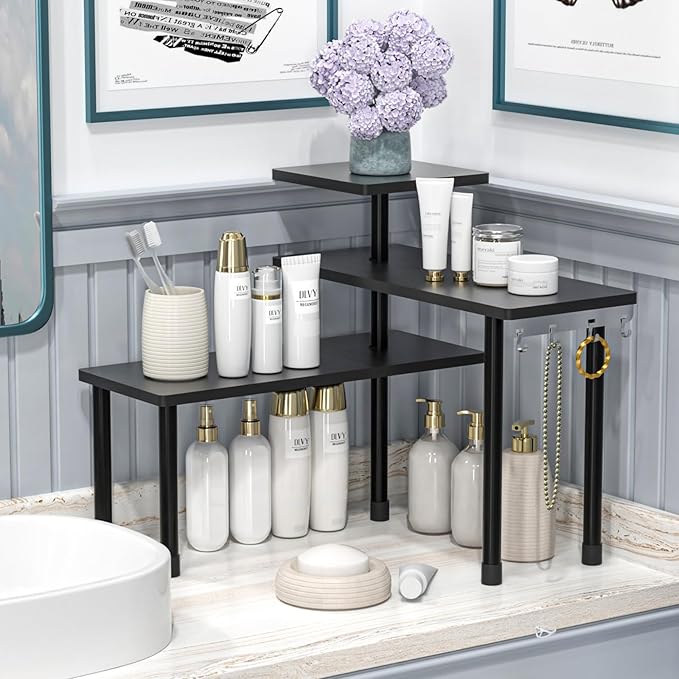 JayRex Countertop Corner Shelf, 3 Tier Shelf Moveable Organizer for Bathroom Counter, Make Up, Dresser Table, Desktop Shelf (Black)