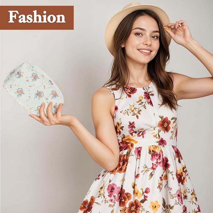 10 Pcs Cotton Floral Quilted Makeup Bags, Aesthetic Cosmetic Bags Portable Floral Makeup Pouch with Zipper Make Up Organizer for Women Travel Gifts