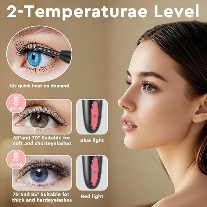 Heated Eyelash Curler, Electric Eyelash Curler for Fast Heat up Within 10s - 24 Hours Long Lasting, 2 Temp Settings Makeup Tools Safe & Portable Lash Curler with USB Charging