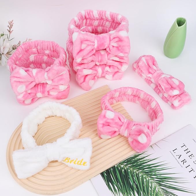 CIEHER Spa Headbands for Bachelorette Party Favors, 8 Pcs Pink Dot Spa Headbands for Bride & Bridesmaid, Bachelorette Gifts for Bride's Skincare & Makeup