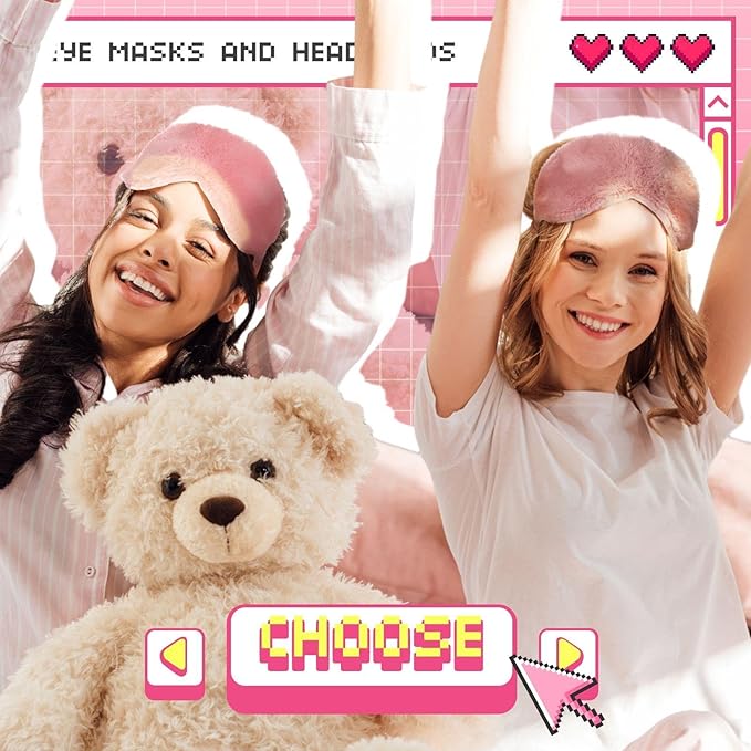 Newcotte Sleepover Party Supplies for Girls, 24 Pcs Includes Plush Sleep Eye Mask and Bow Hair Band, Fur Face Wash Headband Faux Fur Mask for Women (Cute Style)