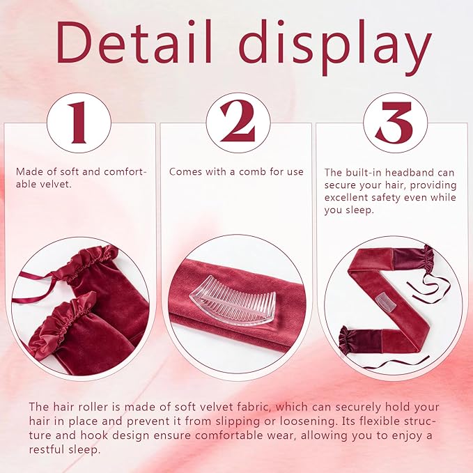 Curling Tie New Hair Curlers to Sleep in, Heatless Curls Overnight Headband, Soft Ribbon Wrap for Long Hair, Perfect Natural Curls Bouncy Curly Hairstyle Hair Suitable for All Hairs Types(Red)