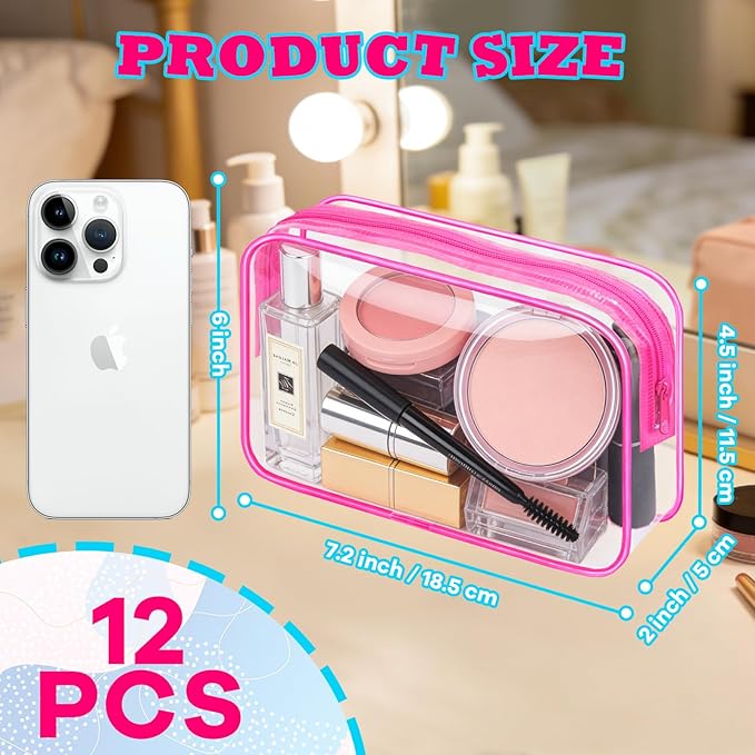 12PCS Clear Cosmetic Bag Transparent Makeup Bag for Women Men Waterproof Travel Makeup Clear Toiletry Organizer Cosmetic Storage Pouch Case with Zipper (Rose Red, Medium)