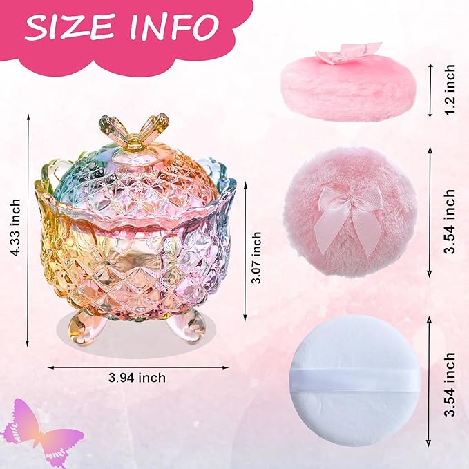 5 Pieces Large Body Powder Puff and Powder Container, Crystal Case for Dust Puff, Powder applicator with Box for Face and Body (Color, Butterfly)