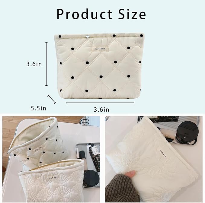 uekeboag White Quilted Cotton Makeup Pouch,Coquette Quilted Toiletry Bag for Women and Girls, Floral Coquette Organizer Bag, Aesthetic Travel Cosmetic Bags(01White Dots)