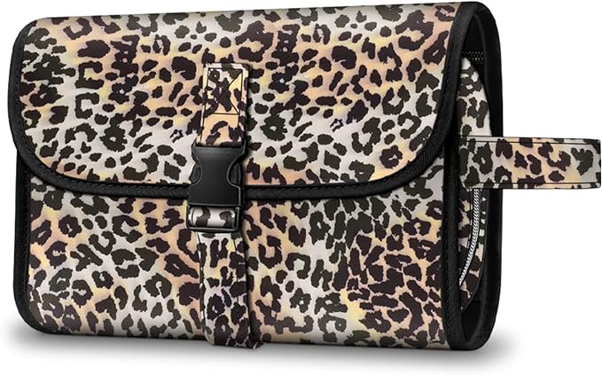Fintie Portable Toiletry Cosmetic Travel Bag, Large Water Resistant Hanging Makeup Organizer Storage Pouch Case for Women Girls (Leopard)