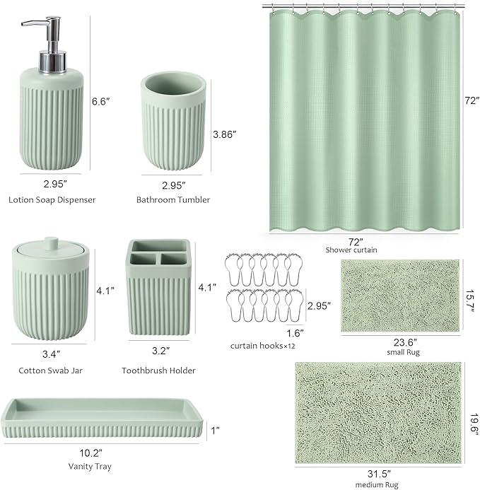 XLHOMO 8-Piece Light Green Bathroom Set - Resin Bathroom Accessories Sets Complete with Shower Curtain and Rugs, Soap Dispenser, Toothbrush Holder, Tumbler & Vanity Organizer
