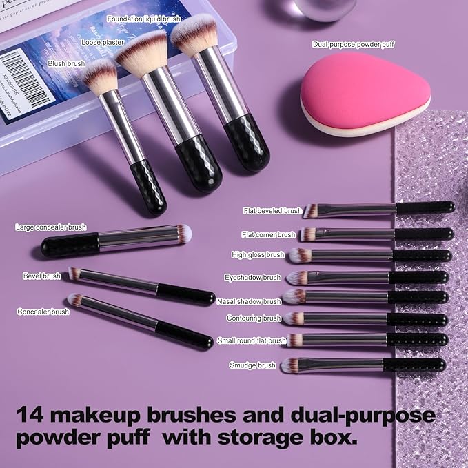 BS-MALL 14 Pcs Makeup Brushes Set With Dual-sided Makeup Blending Sponge - Foundation Brush & Makeup Sponge,premium Luxury Brush Collection For Face & Eye,for Flawless Application (Purple)