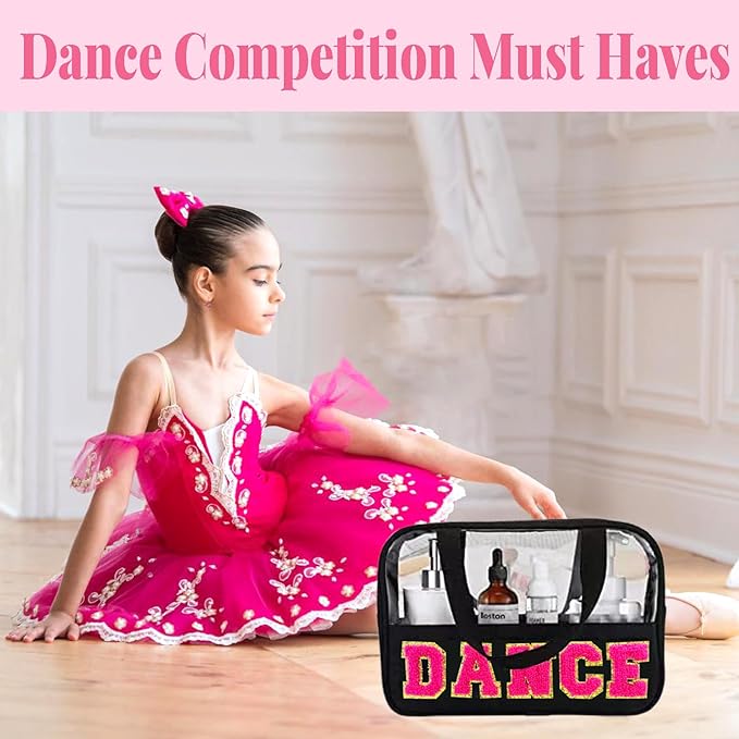 2 Pcs Chenille Letter Bags for Dance Recital Gifts Small Ballet Dance Makeup Bag with Handle and Zipper Waterproof Nylon Portable Toiletry Bag, Dance Competition Must Haves