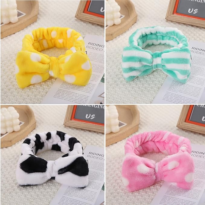 12pcs Spa Headband Soft Bowknot Spa Hair Band Coral Fleece Headband Makeup Headbands for Face Washing Skin Care Shower Yoga Headwraps for Women Girls (Pattern E)