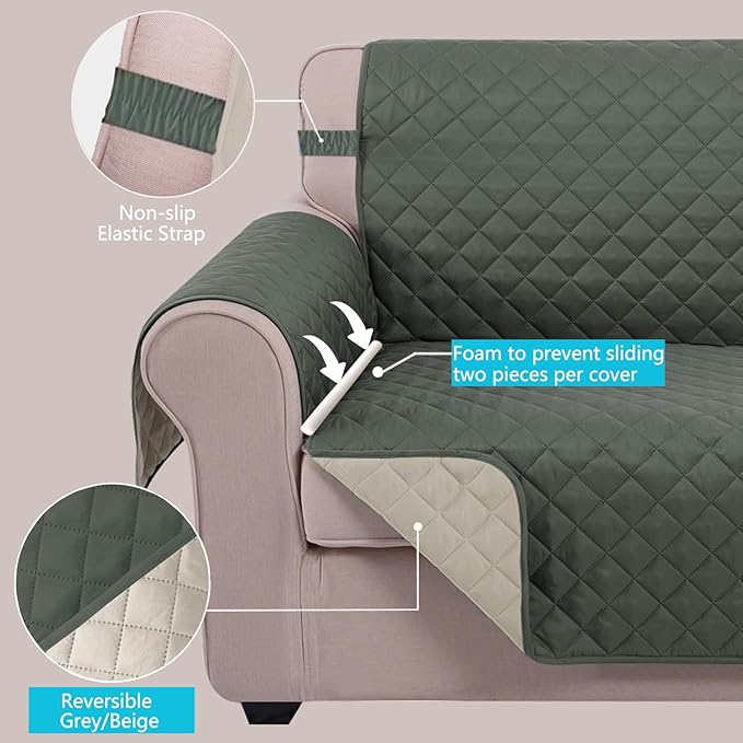 U-NICE HOME Loveseat Sofa Cover Reversible Couch Covers for 2 Cushion Couch for Dogs Furniture Protector Cover with Elastic Straps Water Resistant(Loveseat Small, Grey/Beige)