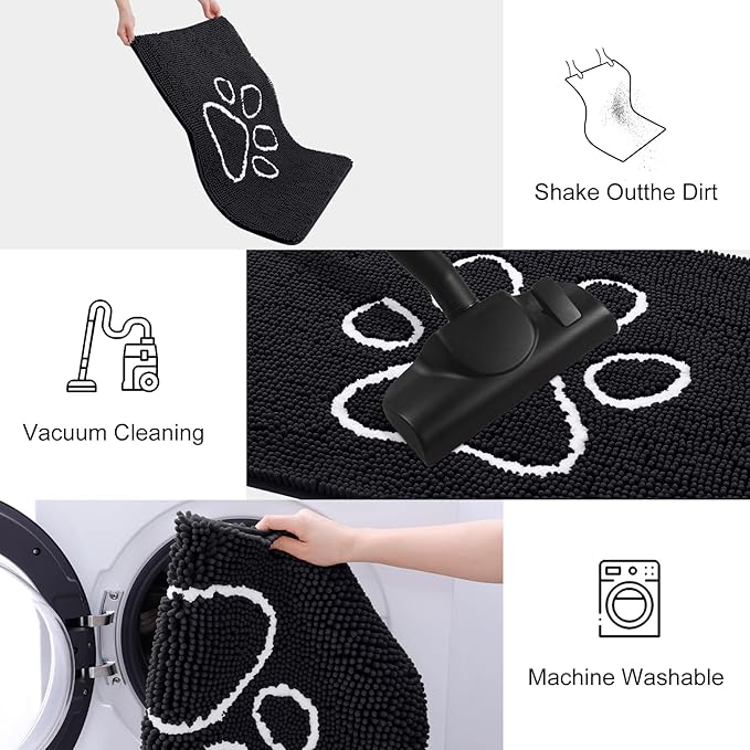 Smiry Dog Door Mat for Muddy Paws, Absorbent Dirt Trapper Non Slip Quick Dry Washable Chenille Mat for Mud Dogs, Entry Rug for Indoor and Outdoor (59x20 Inches, Black and White)