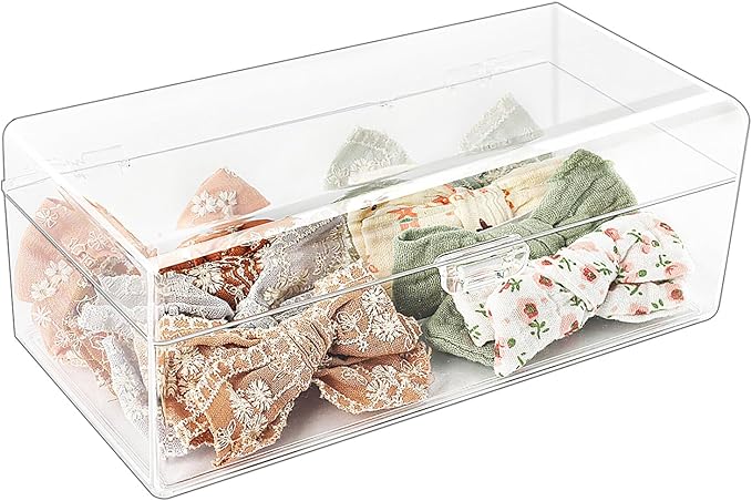 JessLab Hair Accessories Organizer for Girls, Acrylic Hair Bow Tie Clip Scrunchie Holder with Dividers, Clear Stackable Storage Box for Bathroom, Bedroom, Vanity Countertop, 1 Compartment