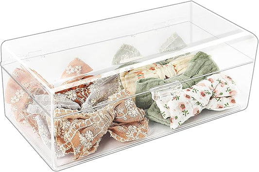 JessLab Hair Accessories Organizer for Girls, Acrylic Hair Bow Tie Clip Scrunchie Holder with Dividers, Clear Stackable Storage Box for Bathroom, Bedroom, Vanity Countertop, 1 Compartment
