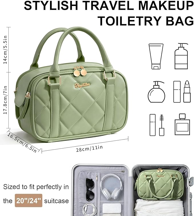 Travel Makeup Bag, Large Capacity Quilted Toiletry Bag for Women Stand-up Cosmetic Bag Open Flat Make Up Case Organizer Portable Pouch Purse w/Handle for Traveling Accessories, Sage Green