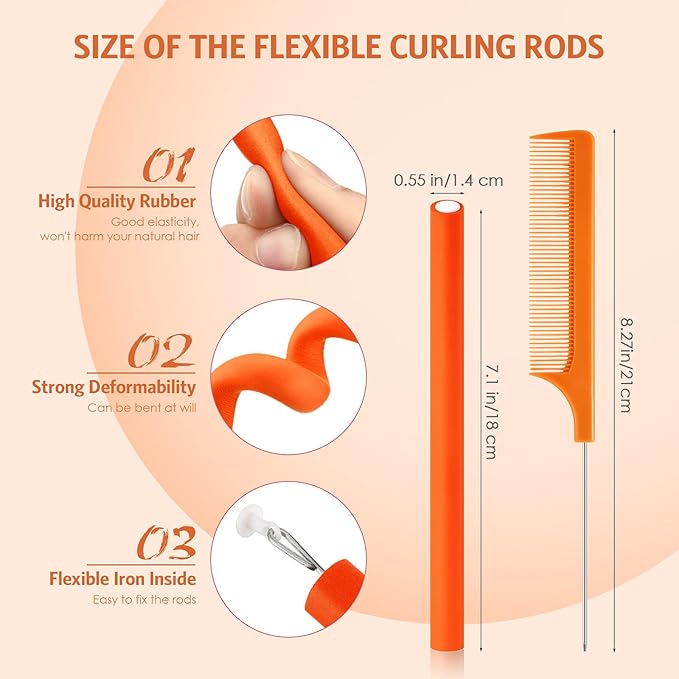 Syhood 30 Pieces Flexible Curling Rods, Soft Foam No Heat Hair Rollers and 1 Steel Pintail Comb for Women Girls Long and Short Hair, Orange