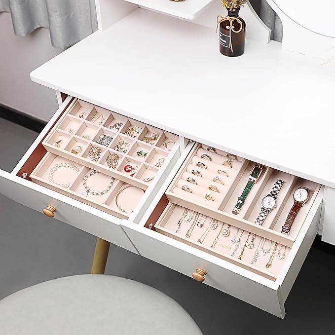 LANDICI Stackable Jewelry Organizer Trays 4 Set,PU Leather Jewelry Organizer Drawer,Jewelry Storage Display Tray for Earring Necklace Rings Bracelet with Removable Dividers,Apricot