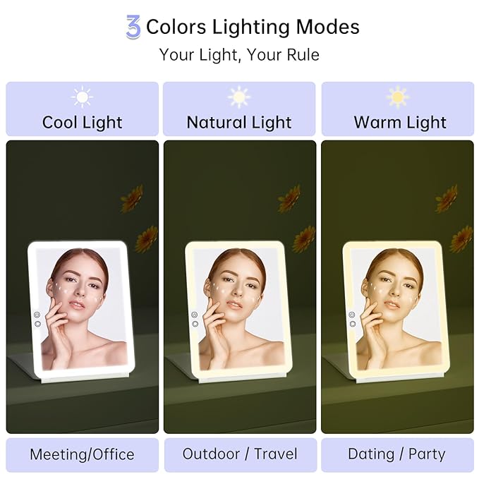 FUNTOUCH Rechargeable Large Travel Makeup Mirror with Lights, 1800mAh 10x7.5 Portable Lighted Makeup Mirror with 3 Color Lights, Dimming Folding Light Up Travel Mirrors with 10X Magnifying Mirror