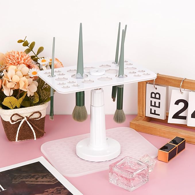 Makeup Brushes Drying Rack with Silicone Mat, Adjustable Makeup Brush Holder, Makeup Brush Display Dryer Stand, 26 Holes Acrylic Brush Organizer Stand (White)