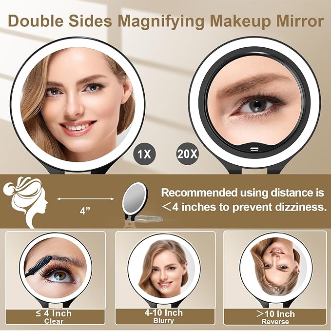 Mocado Travel Makeup Mirror with Light, 1X/20X Magnifying, Double Sided, 3 Color Light, Dimmable Touch, Rechargeable, Tabletop Standing, Black, Modern Style