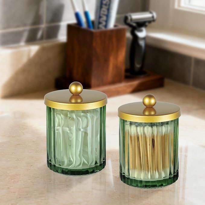 Amolliar Sage Green Glass Qtip Holder Dispenser, Bathroom Canister Apothecary Jar for Cotton Swabs, Cotton Balls, Round Pads, Floss Picks, Countertop Storage Organizer Container for Vanity,Gold 4 Pack