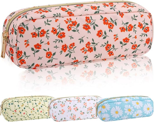 Nylon Small Makeup Bag Slim Pouch, Cute Floral Preppy Makeup Brush Bag Portable Make up Pouch with Zipper, Waterproof Travel Toiletry Bag Coin Purse Storage Organizer for Women Girls(Orange Flower)