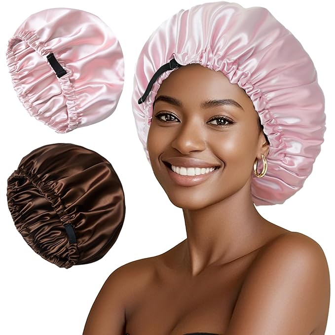 2 Pack Silk Bonnet for Sleeping Women Adjustable Double Layer Satin Bonnet Reduce Friction Prevent Frizz Natural Curly Hair (Brown & Pink)