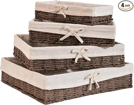 Set of 4 Wicker Storage Baskets Hand-woven Baskets for Shelves Rattan Basket for Bathroom Storage with Lining Decorative Rectangle Shelf Baskets Set for Pantry Kitchen Bedroom