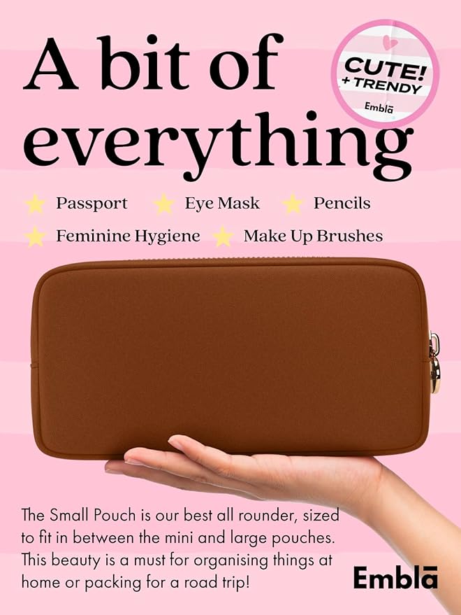 Embla Makeup Bag Travel Cosmetics Pouch and Toiletry Bag, Nylon Zipper Pouch Purse, Cute Make Up Organizer Storage Tote for Women Girls, Waterproof Travel Skincare Case, Small Makeup Bags, Chocolate