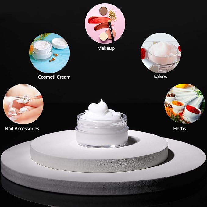 Refillable Cosmetic Sample Jars - 100 Pack 10g (0.35oz) White Small Travel Containers with Lids + 10 Mini Makeup Spatulas - BPA Free