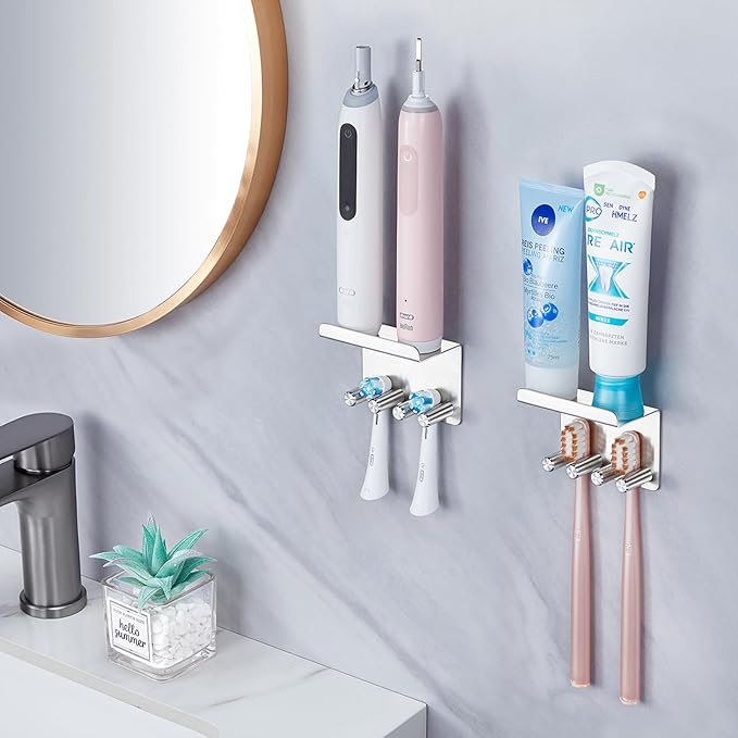 Toothbrush Holder Wall Mounted for Bathrooms, Stainless Steel Electric Toothbrush Head Holder, Self Adhesive Toothbrush and Toothpaste Organizer, Wall Tooth Brushing Razor Holder for Shower