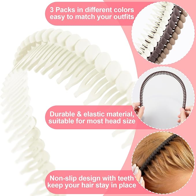 3 Pcs Headband with Teeth, Comfortable Headbands for Women with Teeth, Fashion Comb Headband, Plastic Head Bands for Women's Hair Non Slip (4.3''×0.7'', Coffee, White, Khaki)