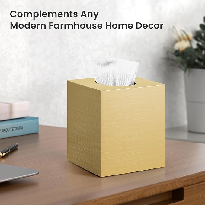 Tissue Box Cover, Square Facial Acrylic Tissue Box Holder with 2 Pack Clear Qtip Holder Dispenser, Bathroom Vanity Dresser Night Stand Essentials Accessories Decor, Modern Farmhouse Decor, Gold