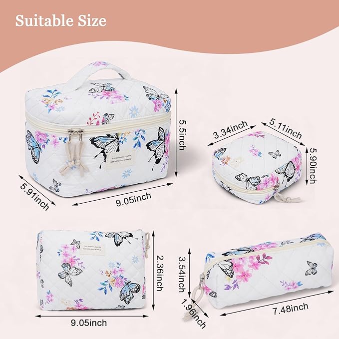 VIWIME Makeup Cosmetic Bag, Large Cotton Quilted Travel Coquette Aesthetic Cute Floral Make up Bag for Women Toiletry Bag Organizer (301-BlackButterfly)