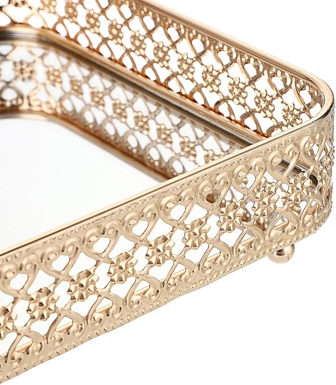 ELLDOO Perfume & Makeup Vanity Tray - Hollow-Carved Jewelry Storage, Glass & Metal Trinket Organizer for Dresser & Bathroom Countertop, Gold, Medium Size
