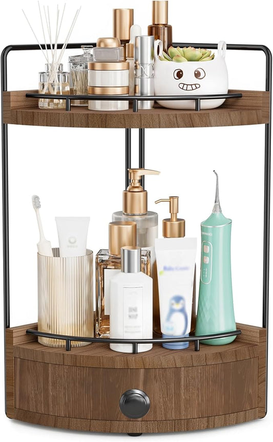 2-Tier Corner Bathroom Counter Organizer with Drawer & Embedded Screw Holes - Wooden Countertop Organizers for Skincare, Makeup Storage, Bathroom Sink Counter Shelf for Vanity, Dark Brown