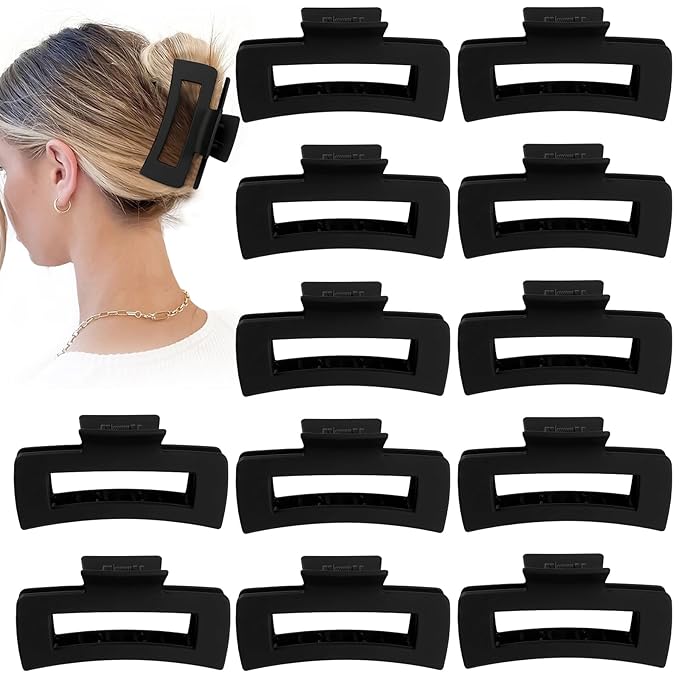 4.1 Inch Large Hair Claw Clips 12 Pcs Big Claw for Thick Hair Square Hair Clips Jumbo Jaw Clips Bulk Hair Accessories for women and Girls (Black)