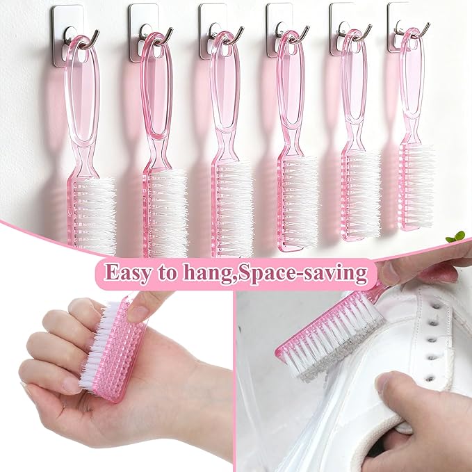 60PCS Handle Grip Nail Cleaning Brushes, Hand Fingernails Scrubber Brushes Pedicure Dust Brush Manicure Tools for Women Men Home Salon Nail Foot Toes Cleaner (Clear Pink)