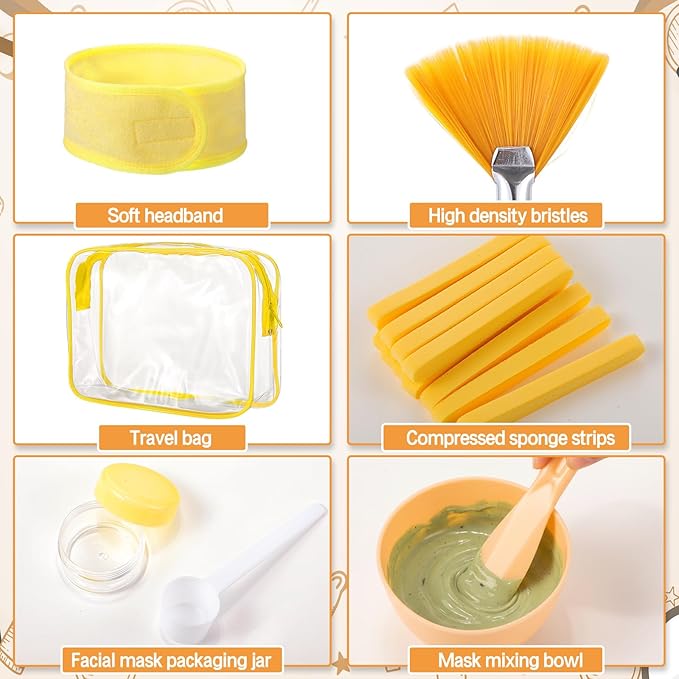 LemonRoad 34 Pcs Esthetician Facial Supplies Include Facial Bowls Brushes Jars Measuring Spoons Hairbands Esthetician Essentials Valentines Gift Set For Women(Yellow)
