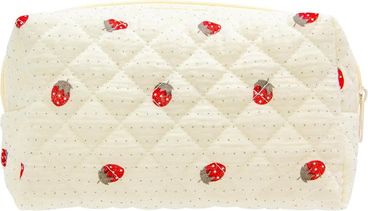 PAZIMIIK Vintage Quilted Makeup Bag Cosmetic Pouch for Brushes Pencils and Travel Make Up Accessories for Women and Girls Gauze Strawberry